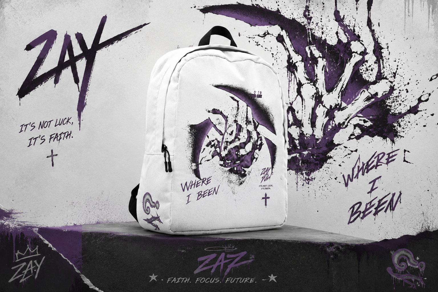 zay yuh where i been (white) backpack